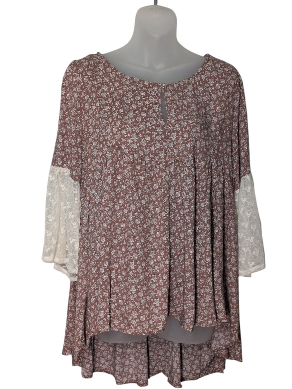 Umgee Oversized Medium Dusty Rose Peasant Floral Tunic Cream Lace Bell Sleeves